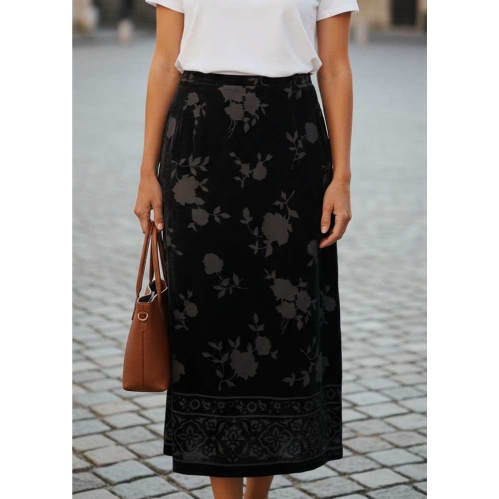 Talbots Black Burnout Velvet Skirt Silk Blend Size 16 Witchy Whimsigoth Fairy - Picture 11 of 11